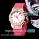 Copy Hublot Classic Fusion 33 Lady Watches Double-row Diamond Bezel Deep Pink Rubber Strap